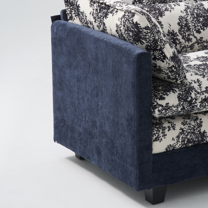 FUFU&GAGA Modern L-Shaped Sofa Set with Ottoman, 3 Lumbar Pillows, 3 Headrests and 2 Throw Pillows, Black & White Floral Fabric, (112.2 in. W x 29.1 in. D x 41.7 in. H), Blue