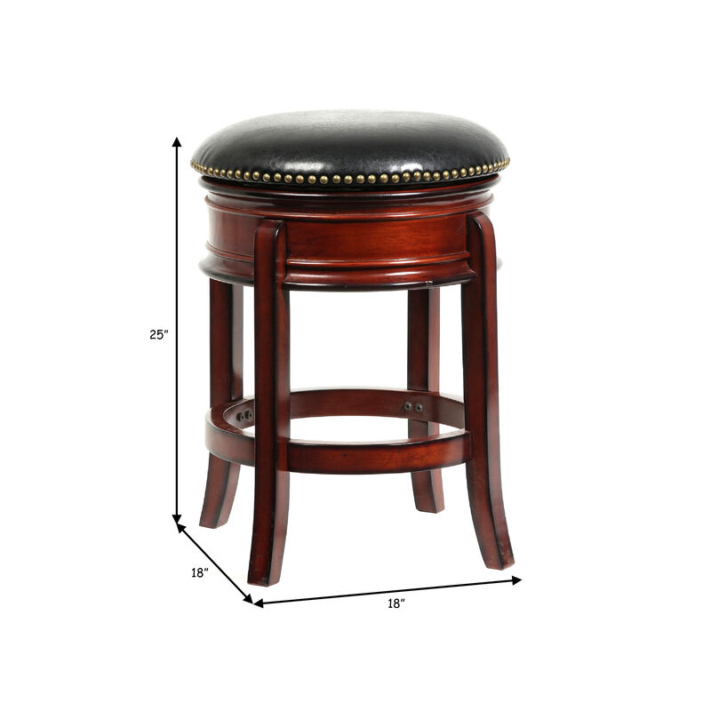 Sabi 24 inch Swivel Counter Stool, Solid Wood, Faux Leather, Brown, Black - Benzara