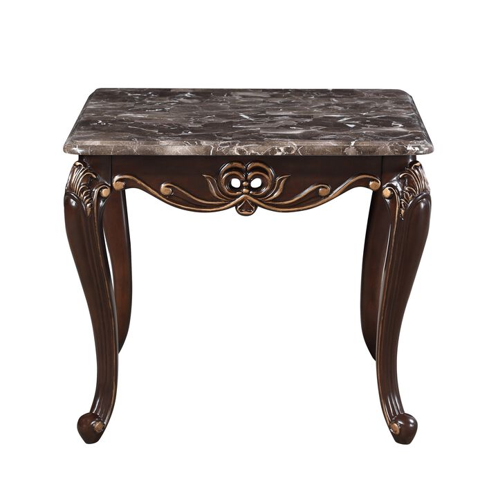 Cona 28 Inch Side End Table, Carved Gold Accents, Cherry Brown, Gray White