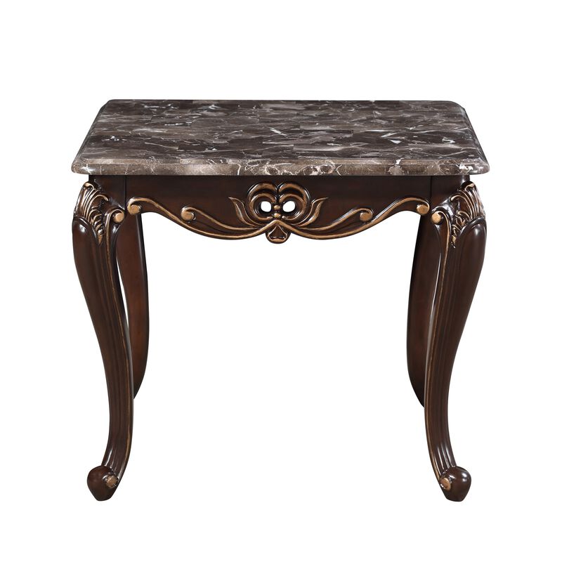 Cona 28 Inch Side End Table, Carved Gold Accents, Cherry Brown, Gray White