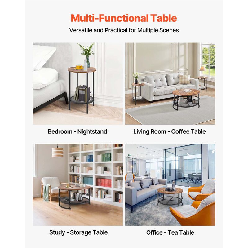 Industrial 3 Piece Coffee Table Set Round Center Table with 2 End Tables for Living Room-Brown image number 3