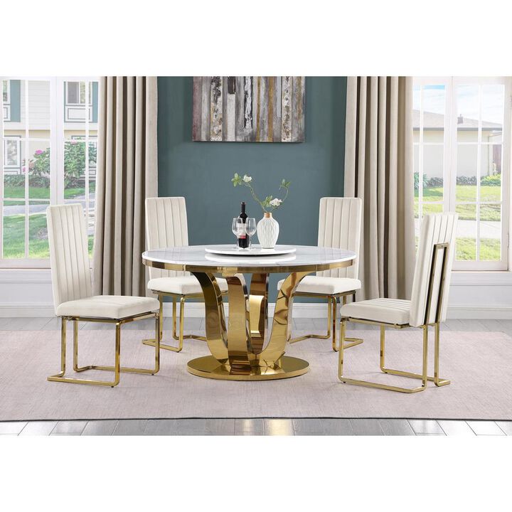 5pc White marble round dining set with gold base and 4 Cream side chairs