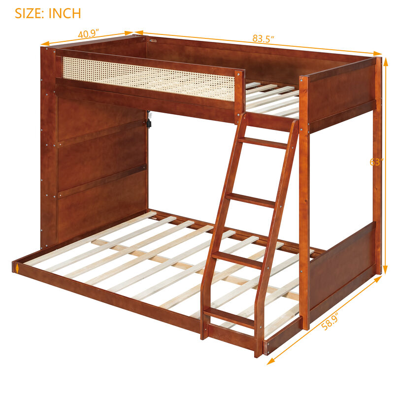 Merax Twin over Full Bunk Bed with Rattan Guardrail, LED Light & 4-Tier Side Bookshelf image number 3