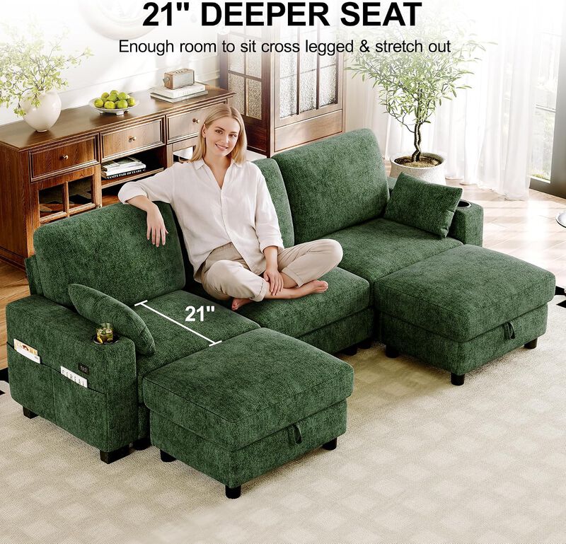 Vipbear 100" Modular Sectional Sofa Chenille 5 Seater U Shaped Couch with Moveable Ottoman image number 5
