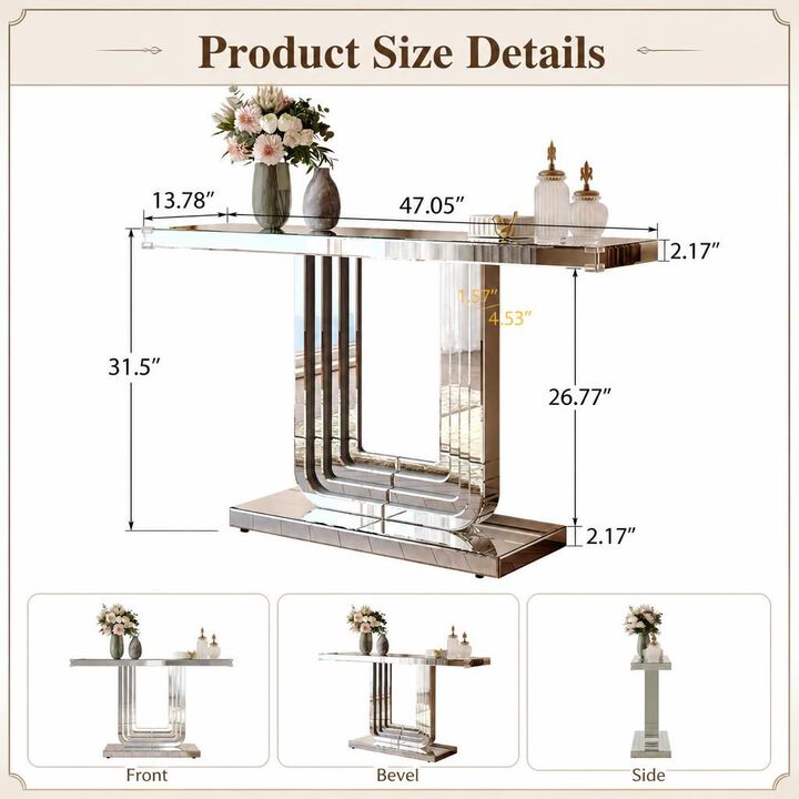 GOODSILO Mirrored Console Table with U Base and Hand-Spliced Line Design, Ideal Accent Furniture for Entryway, Living Room, Hallway and Foyer, 47 Inch