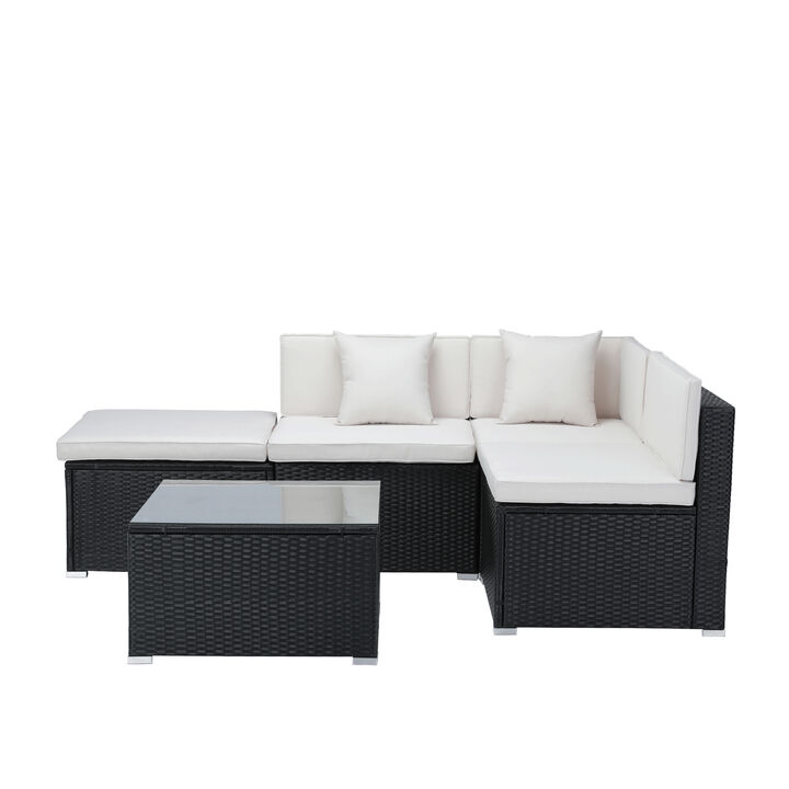 MONDAWE 5-Piece Outdoor Patio L-Shaped Sectional Sofa Set with Black Rattan Wicker & Beige Cushion