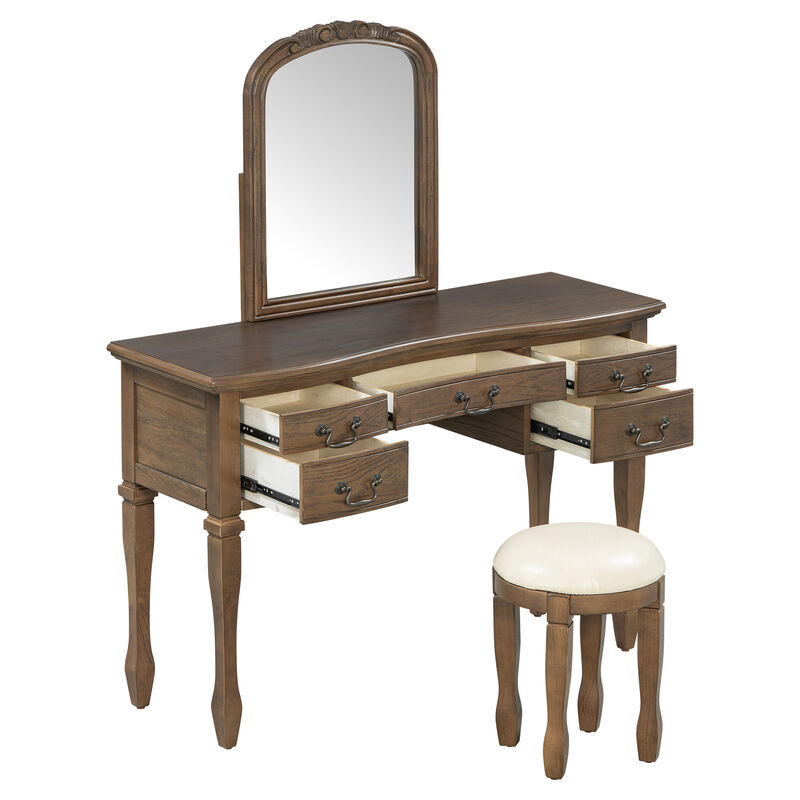 Merax 5-Drawer Vintage Vanity Table with Floral Carvings, Espresso Finish, Antique Metal Hardware image number 8