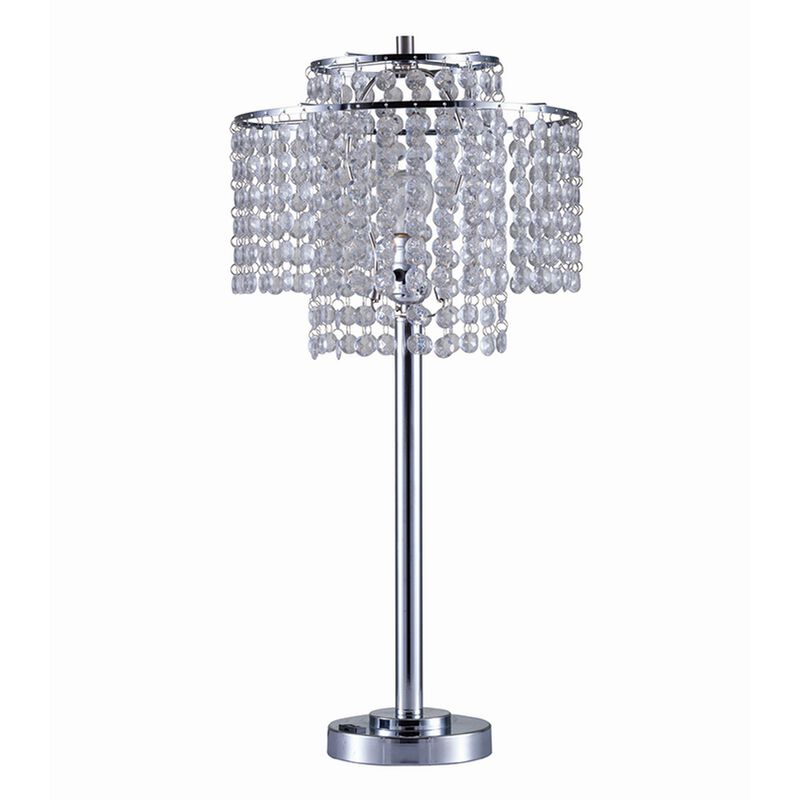 Metal Table Lamp with Hanging Acrylic Beads and USB Plugin, Silver - Benzara