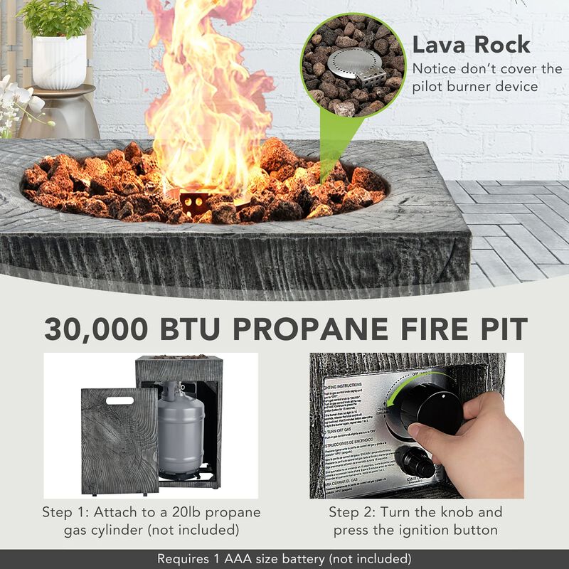 Mondawe 16" Gray Square Propane Fire Pit, 30K BTU, Cover & Lava Rocks