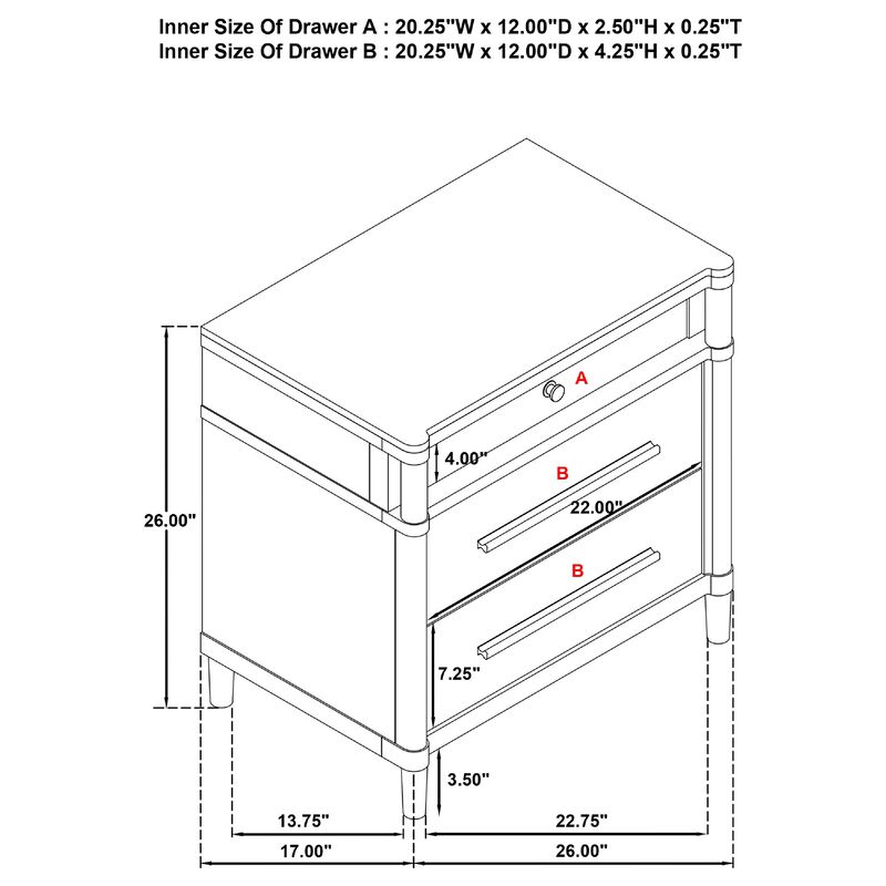 Ruvie Nightstand with 3 Drawers, Metal Post Accent, White Wood 26 Inch image number 7