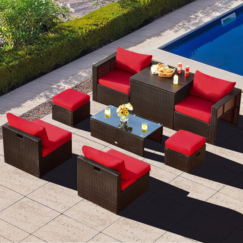 Mondawe 8 Pieces Patio Space-Saving Rattan Furniture Set with Storage Box and Waterproof Cover