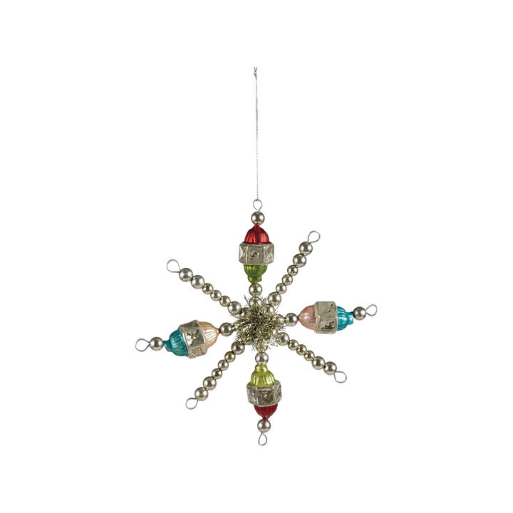 Multicolor Glass Beaded Snowflake Ornament with Tinsel