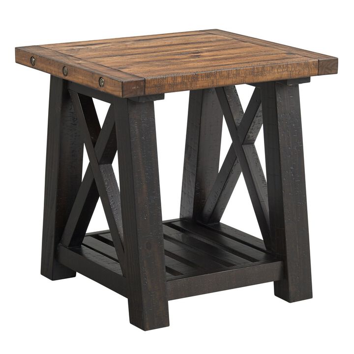 End Table with Slatted Shelf and X Legs, Brown and Black-Benzara
