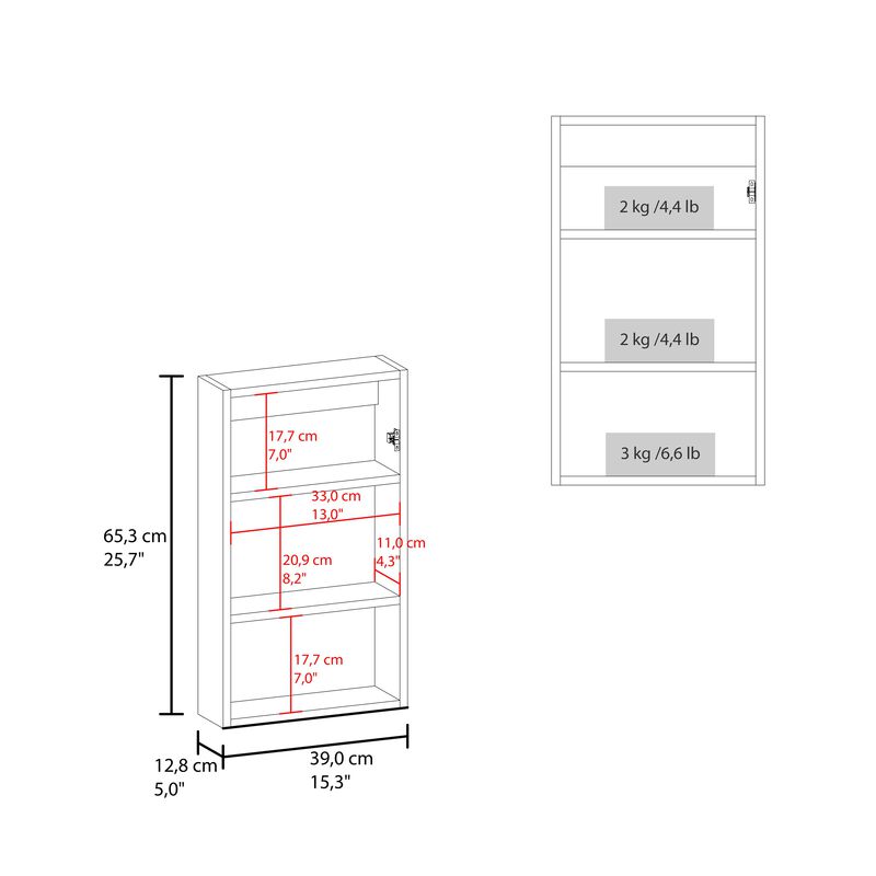 Kiana Medicine Cabinet 25.7" H, 1 Door, 3 Shelves, 1 Mirror, White