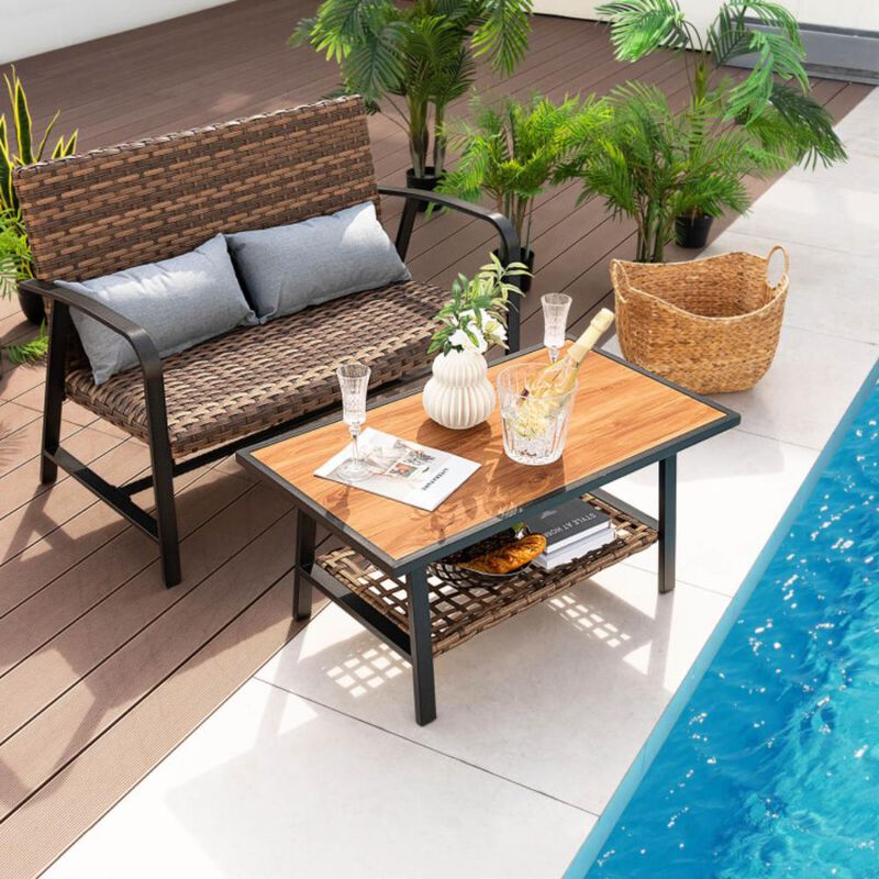 Hivvago 2 Pieces Patio Rattan Coffee Table Set with Shelf and Quick Dry Cushion