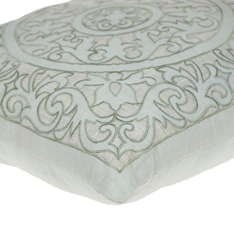 HomeRoots 22" Beige and Green Damask Linen Blend Throw Pillow with Embroidery and Applique image number 3