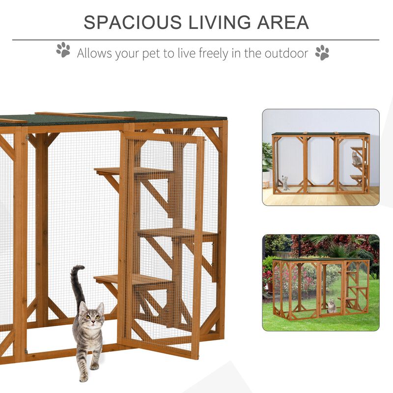 Orange Cat Paradise: 71"L Wooden Outdoor Multi-Level Enclosure
