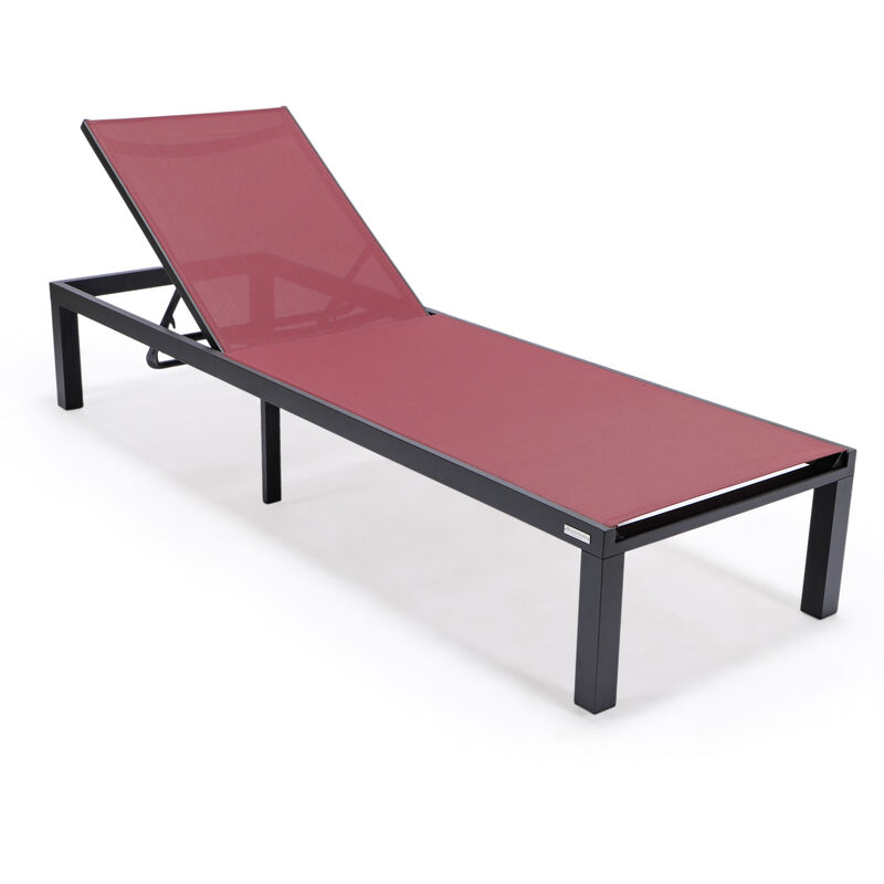 LeisureMod Marlin Modern Black Aluminum Outdoor Patio Chaise Lounge Chair in Black Frame with Square Fire Pit Side Table