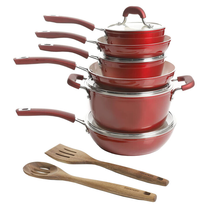 Kenmore Arlington 12 Piece Aluminum Ceramic Coated Nonstick Cookware Set in Metallic Red