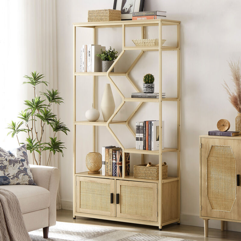 Rattan bookshelf 7 tiers Bookcases Storage Rack with cabinet for Living Room Home Office, Natural, 39.4" W x 13.8" D x 75.6" H