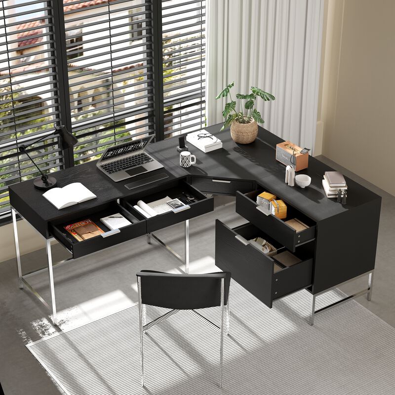 FUFU&GAGA L-Shaped Corner Desk with Drawers and File Cabinet, Black Embossed Finish, Metal Frame, Home Office Computer Workstation with Storage (70.9” x 55.1” x 29.9”), Black