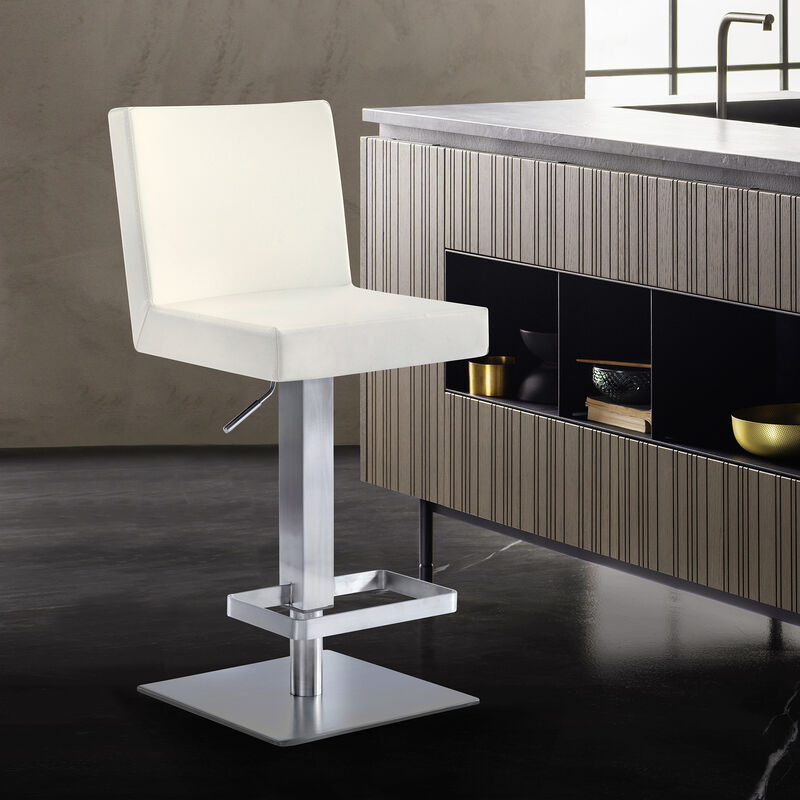 Legacy Adjustable Height Swivel Off-White Faux Leather and Brushed Stainless Steel Stool