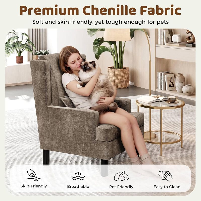 2 Pcs Upholstered Wingback Accent Chair, Modern Reading Armchair for Living Room, Bedroom, Light Brown image number 5