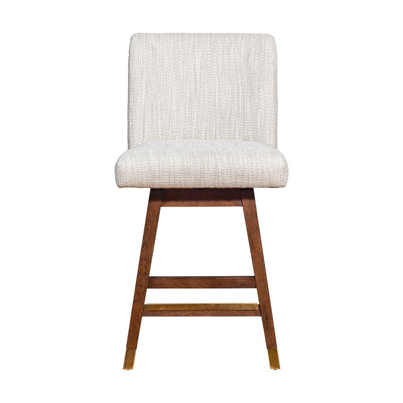 Lia 26 Inch Swivel Counter Stool Chair, Brown Wood Frame, Beige Polyester