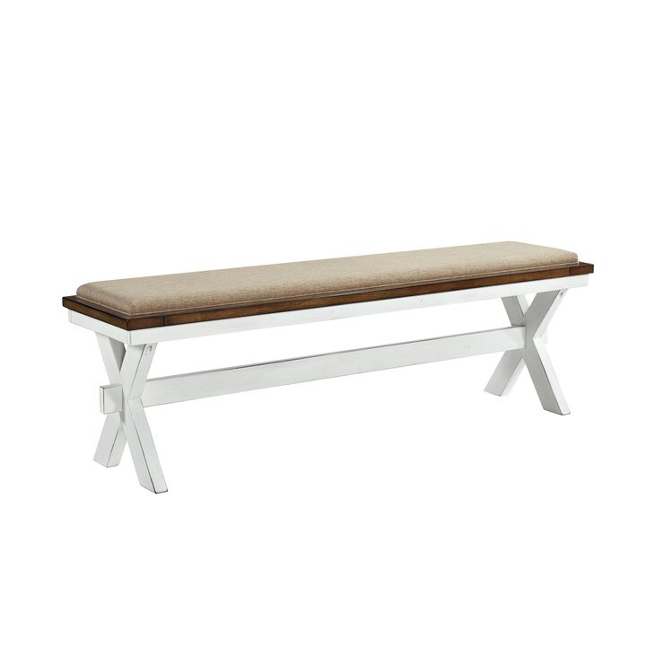 60 Inch Bench, Polyester Upholstery, Crossed Legs, Antique White Finish-Benzara