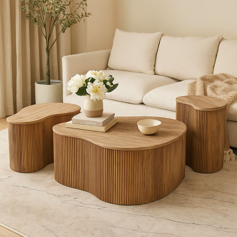 Cid Ata Coffee Table Set of 3, Beige Marble, Artisan Solid Mango Wood image number 5