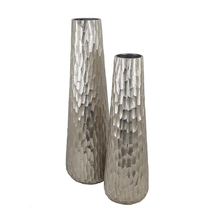HomeRoots Set of Two Silver Cast Aluminum Textured Table Vases
