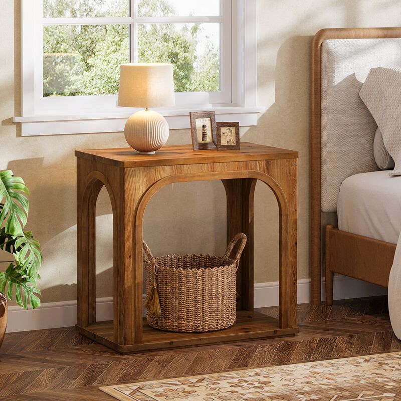 2-Tier Solid Wood Farmhouse End Table with Shelf for Living Room - Rustic Brown image number 7