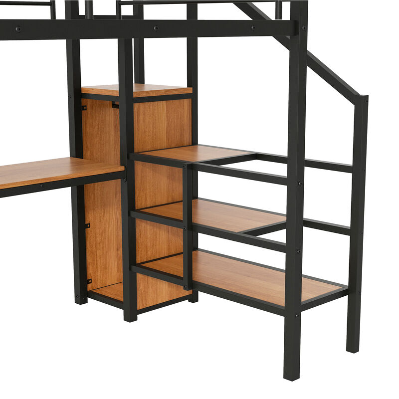 Whisen Full Size Metal Loft Bed with Desk, Storage Staircase, Small Wardrobe and LED Light