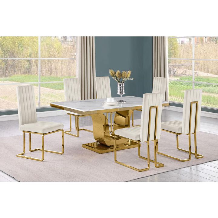 7pc Small(66") marble stop dining set with gold base and 6 Cream side chairs