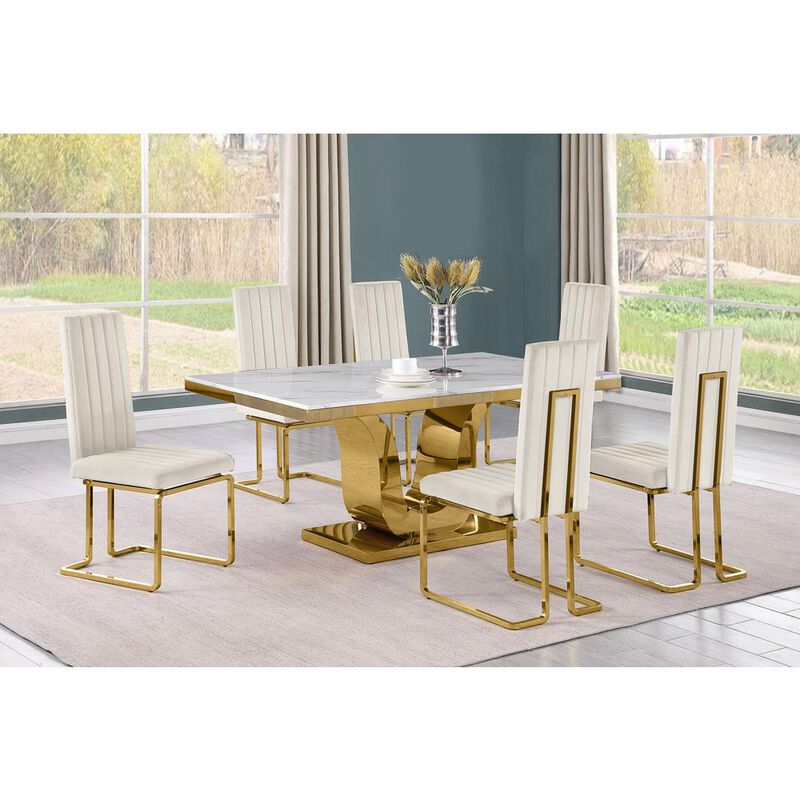 7pc Small(66") marble stop dining set with gold base and 6 Cream side chairs