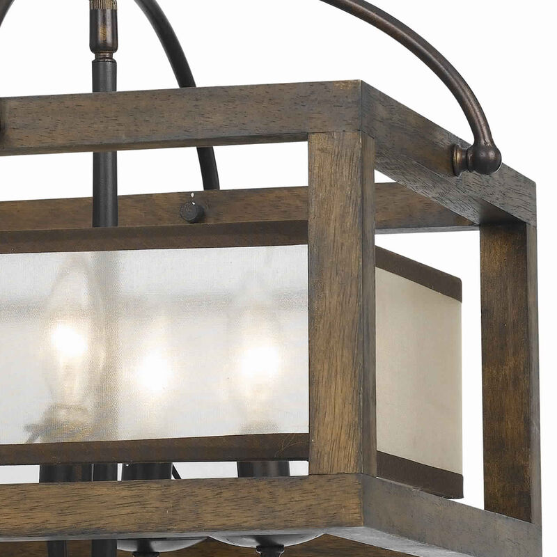 4 Bulb Semi Flush Pendant with Wooden Frame and Organza Striped Shade,Brown - Benzara