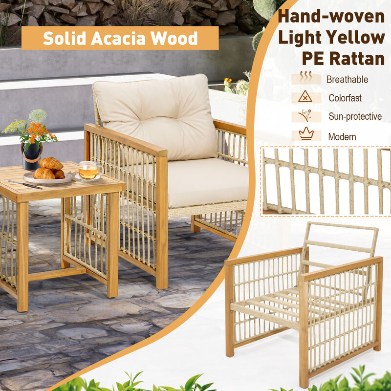 3 Pieces Patio PE Wicker Conversation Set with Acacia Wood Frame and Cushions-Beige