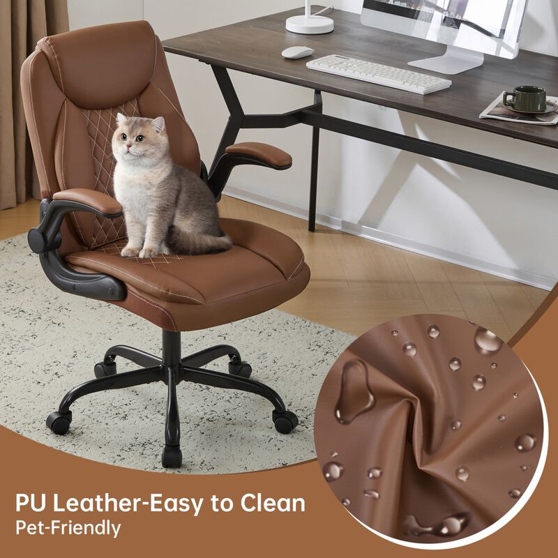 Ergonomic Leather Office Chair with Flip-Up Armrests, Lumbar Support, Swivel & Rocking &ndash; Home Office Desk Chair image number 6