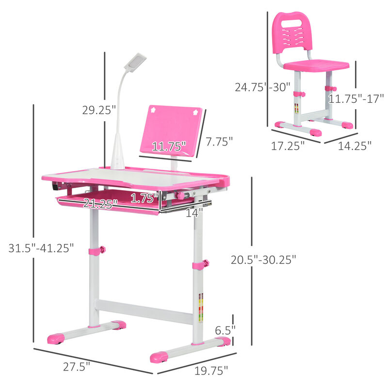 Multi-Function Kids Desk & Chair Set Height Adjustable School Study Table, Pink