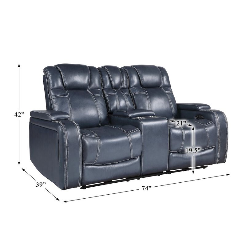 Lexicon Keziah Leather Power Double Reclining Love Seat in Blue