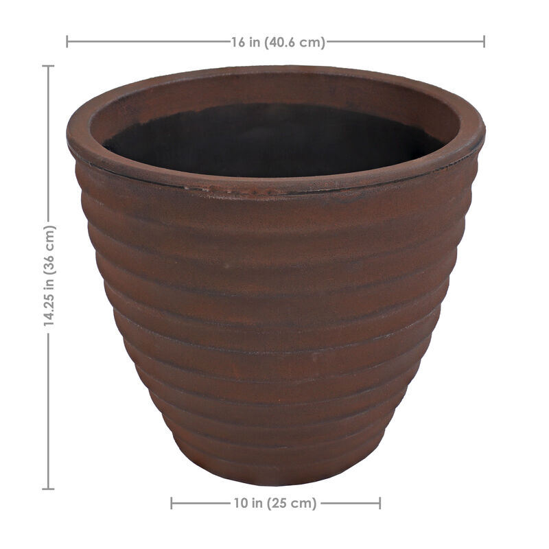 Sunnydaze 16 in Ribbed Polyresin Outdoor Planter - Rust - Set of 4