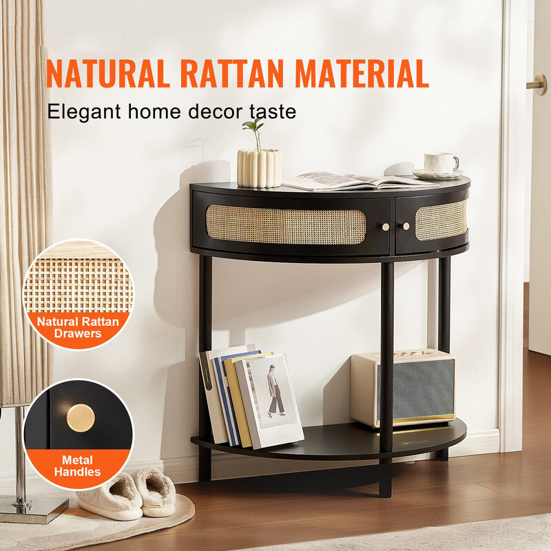 Half-Moon Rattan Console Table &ndash; Black Entryway Table with 2 Drawers & Sliding Door, Small Hallway or Living Room Storage Table