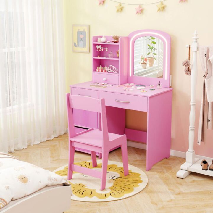 Hivvago Kids Vanity Set with Lighted Mirror Makeup Desk and Chair Set with Drawers