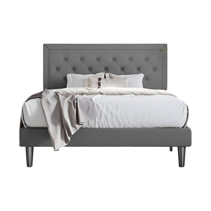 Linen Upholstered Platform Bed with Button-Tufted Headboard