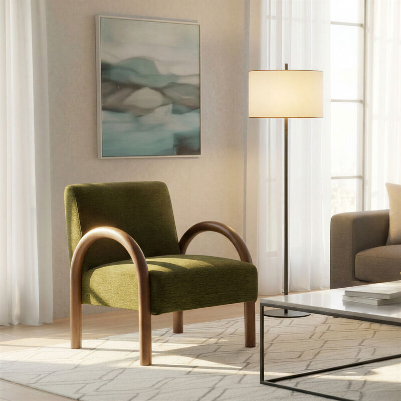 Velvet Accent Chair with Arched Wood Arms, Green image number 1