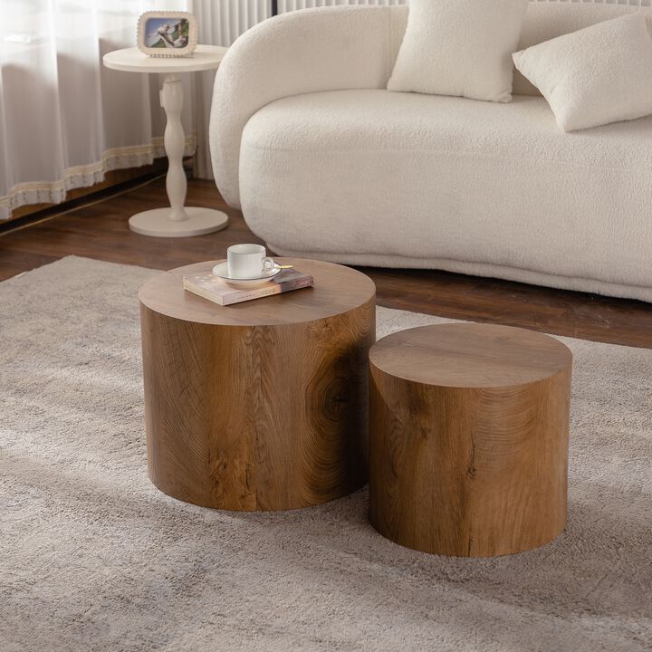 Modern Round Drum Nesting Coffee Table Set of 2, Wooden Cylinder Coffee Tables for Living Room, Space-Saving Design