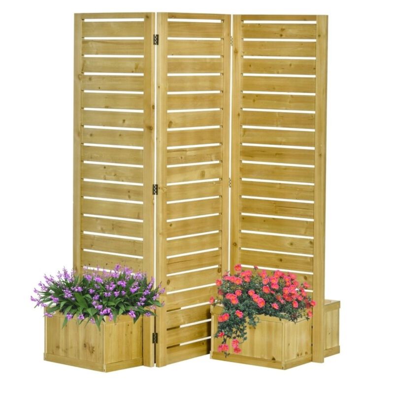 QuikFurn 3 Panel Fir Wood Outdoor Privacy Screen with 4 Garden Bed Planters