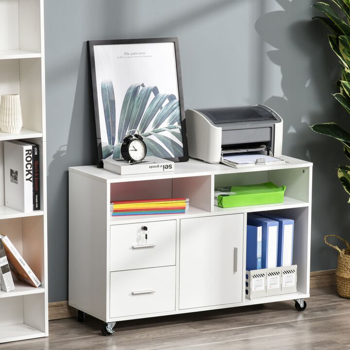 White Printer Stand & Mobile Cabinet Organizer features caster wheels, locking brakes, and a drawer for home office use.
