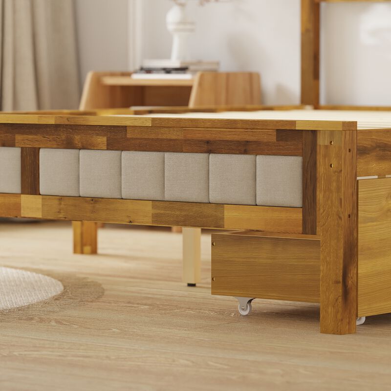 FUFU&GAGA Solid Wood Upholstered Bed with Storage Drawers, Acacia Wood Frame & Gray Linen Headboard, One-Side Drawer Design, (84 in. W x 63.5 in. D x 41.7 in. H), Wood Tone & Natural Finish