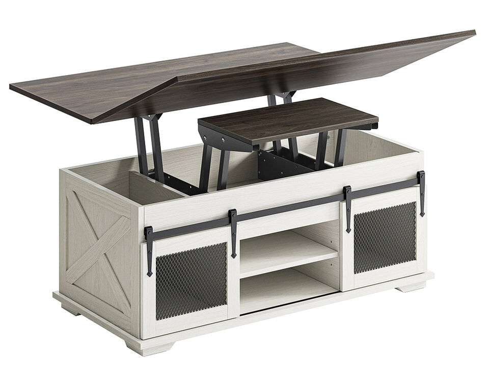 BELLEZE Lift Top Coffee Table, 44" Farmhouse Coffee Table with Storage & Sliding Barn Doors, 3 in 1 Multi-Function Coffee Table for Living Room, Dining Reception Room, Lawson - White Sand